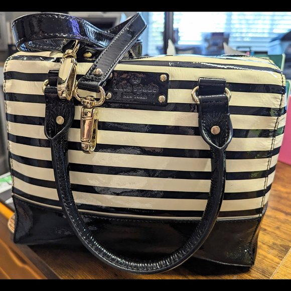 Kate Spade Wellesley Alessa Patent Black Cream Satchel Purse - Picture 1 of 8